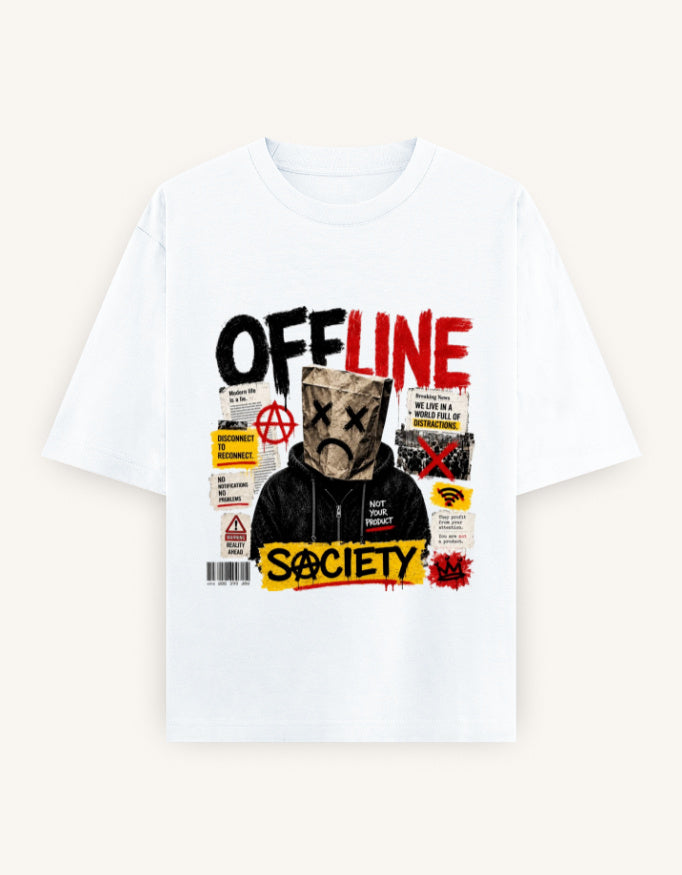 A white short-sleeve crewneck t-shirt featuring a large graphic print on the front. The graphic includes the text 'OFFLINE' in black and red, a masked figure in a black hoodie, and the word 'SOCIETY' in yellow, styled with various street art elements.