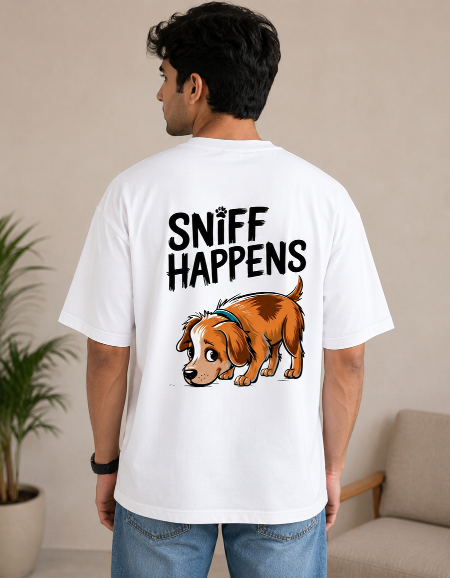 Sniff Happens Oversized Graphic T-Shirt | Cute Dog Print | 180 GSM Cotton | Unisex | VibeVastr