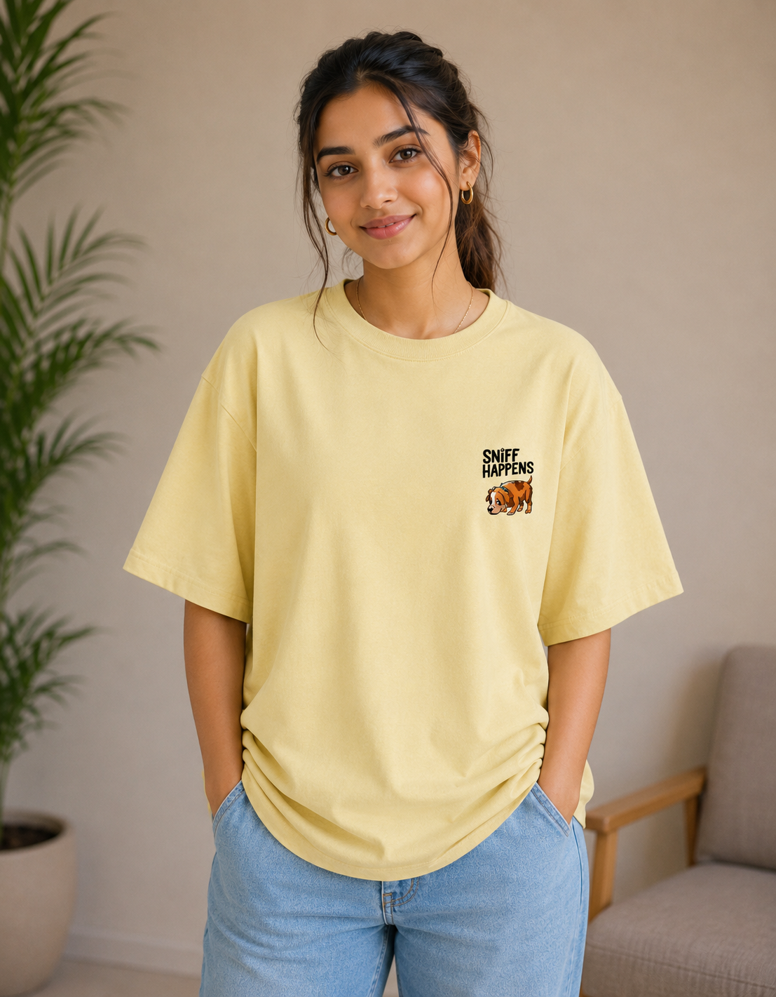 Sniff Happens Oversized Graphic T-Shirt | Cute Dog Print | 180 GSM Cotton | Unisex | VibeVastr