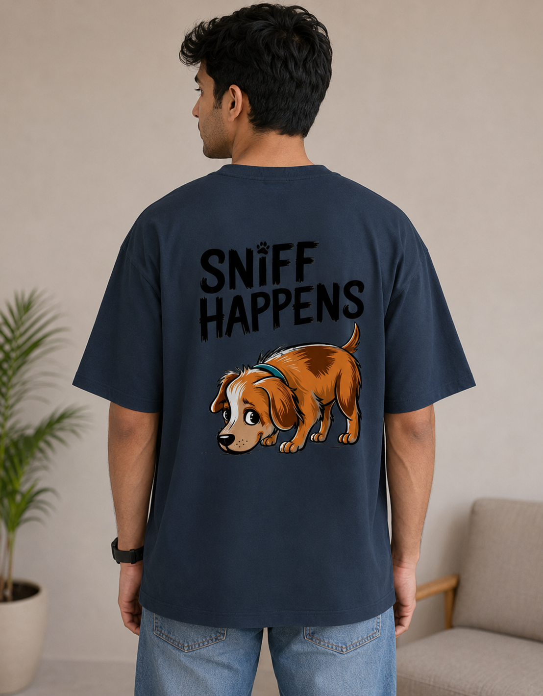 Sniff Happens Oversized Graphic T-Shirt | Cute Dog Print | 180 GSM Cotton | Unisex | VibeVastr