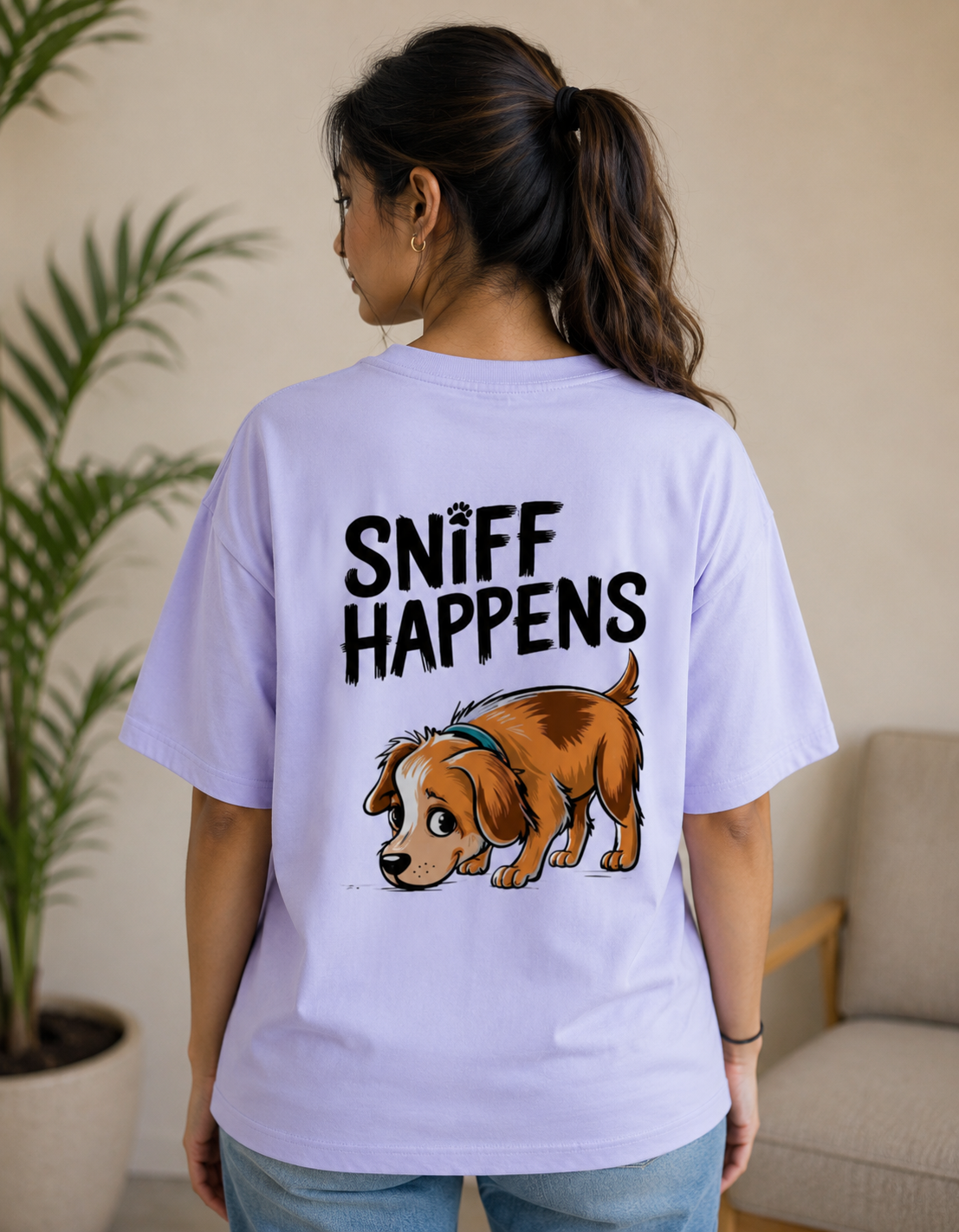 Sniff Happens Oversized Graphic T-Shirt | Cute Dog Print | 180 GSM Cotton | Unisex | VibeVastr