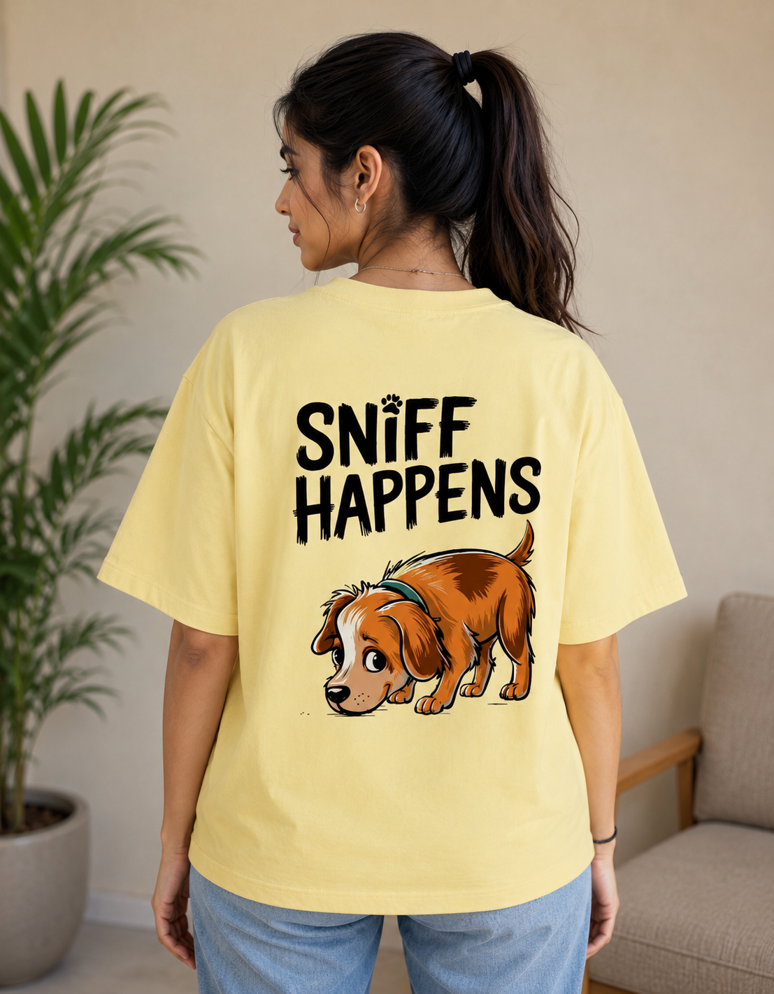 Sniff Happens Oversized Graphic T-Shirt | Cute Dog Print | 180 GSM Cotton | Unisex | VibeVastr