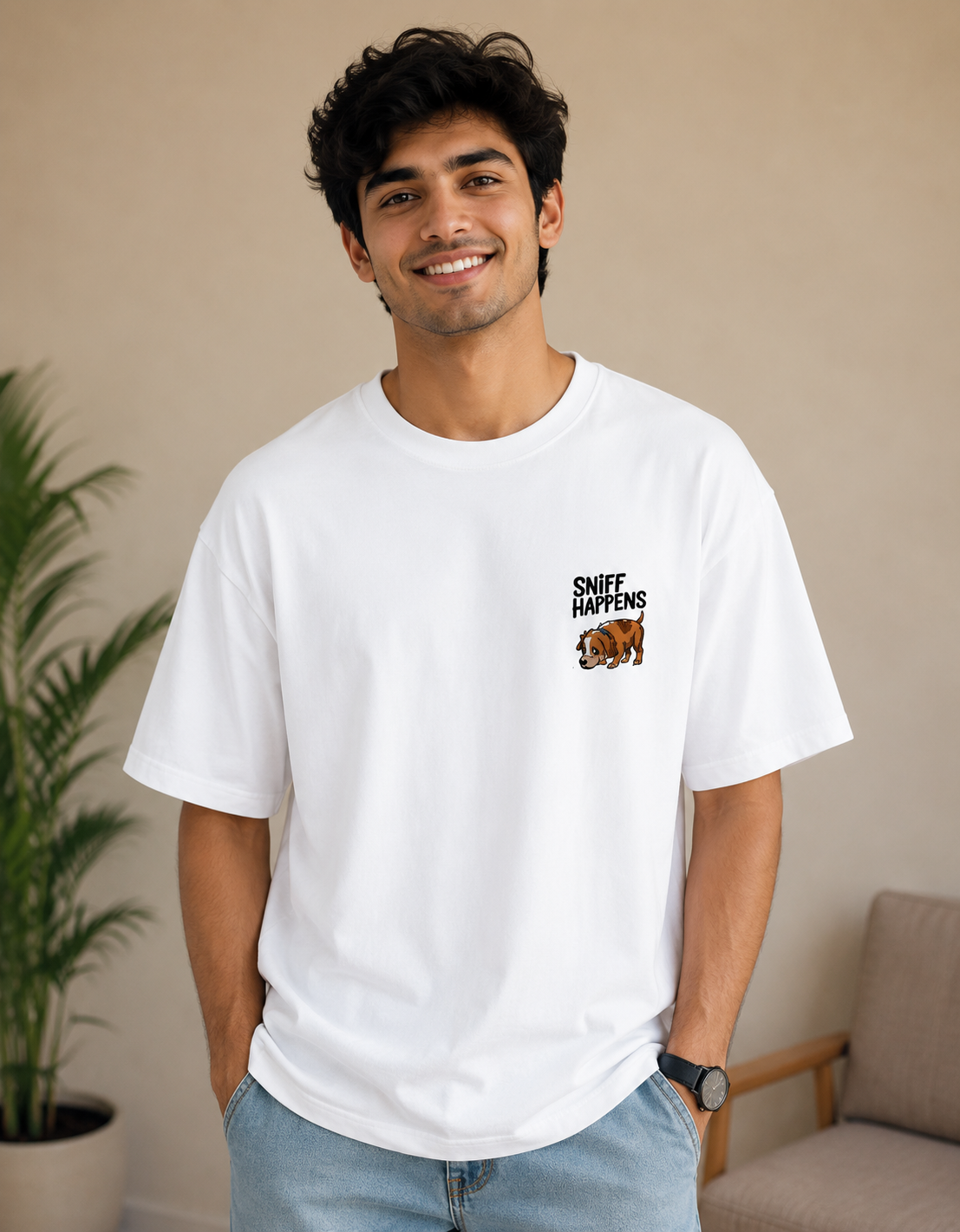 Sniff Happens Oversized Graphic T-Shirt | Cute Dog Print | 180 GSM Cotton | Unisex | VibeVastr