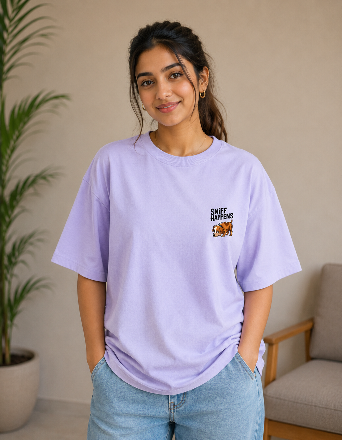 Sniff Happens Oversized Graphic T-Shirt | Cute Dog Print | 180 GSM Cotton | Unisex | VibeVastr