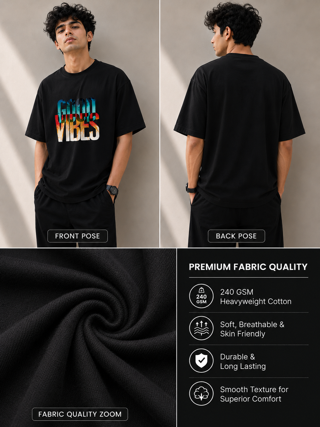 VibeVastr Good Vibes Oversized T-Shirt  | Premium Cotton Graphic Printed Tee