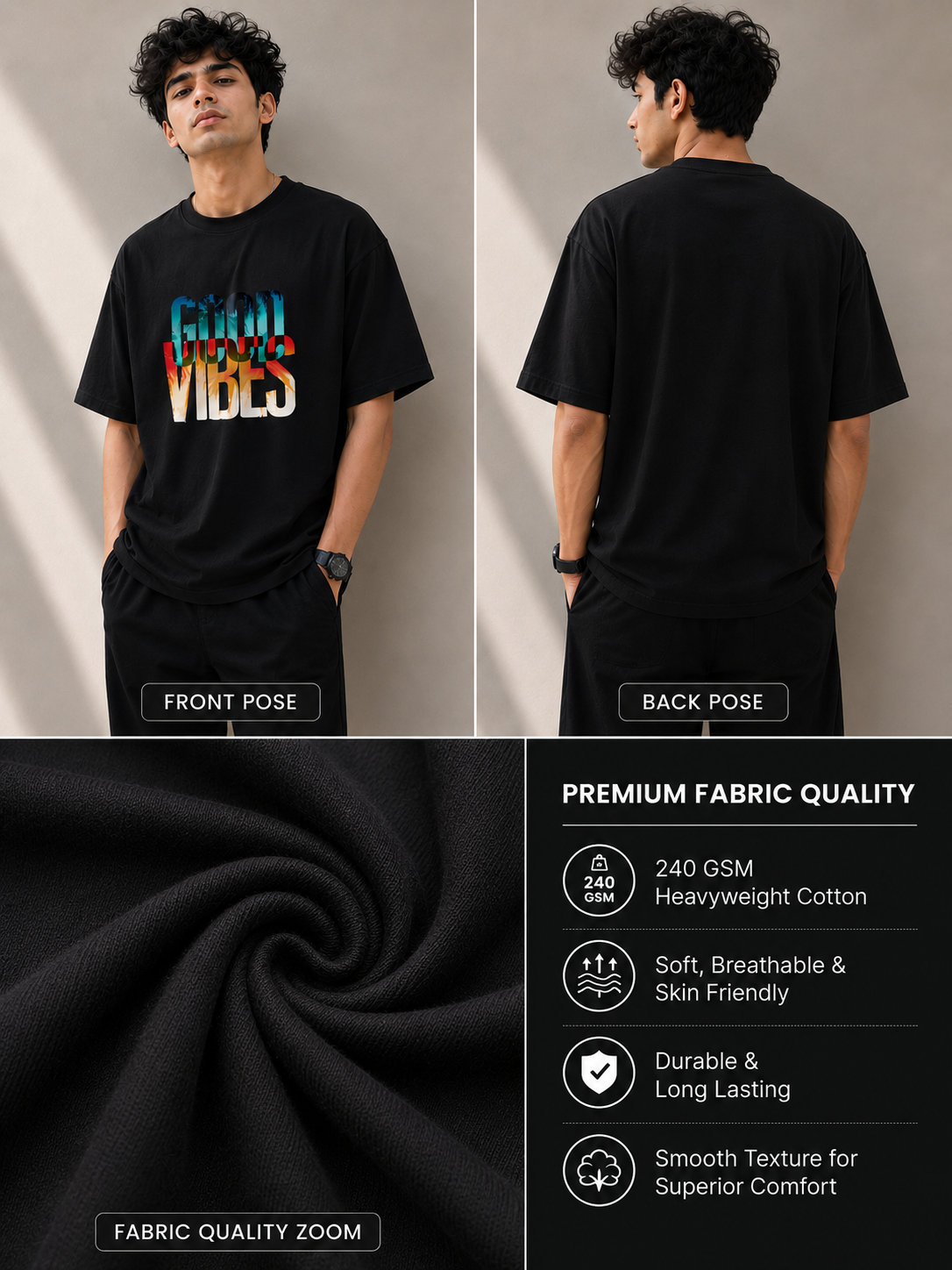 VibeVastr Good Vibes Oversized T-Shirt  | Premium Cotton Graphic Printed Tee