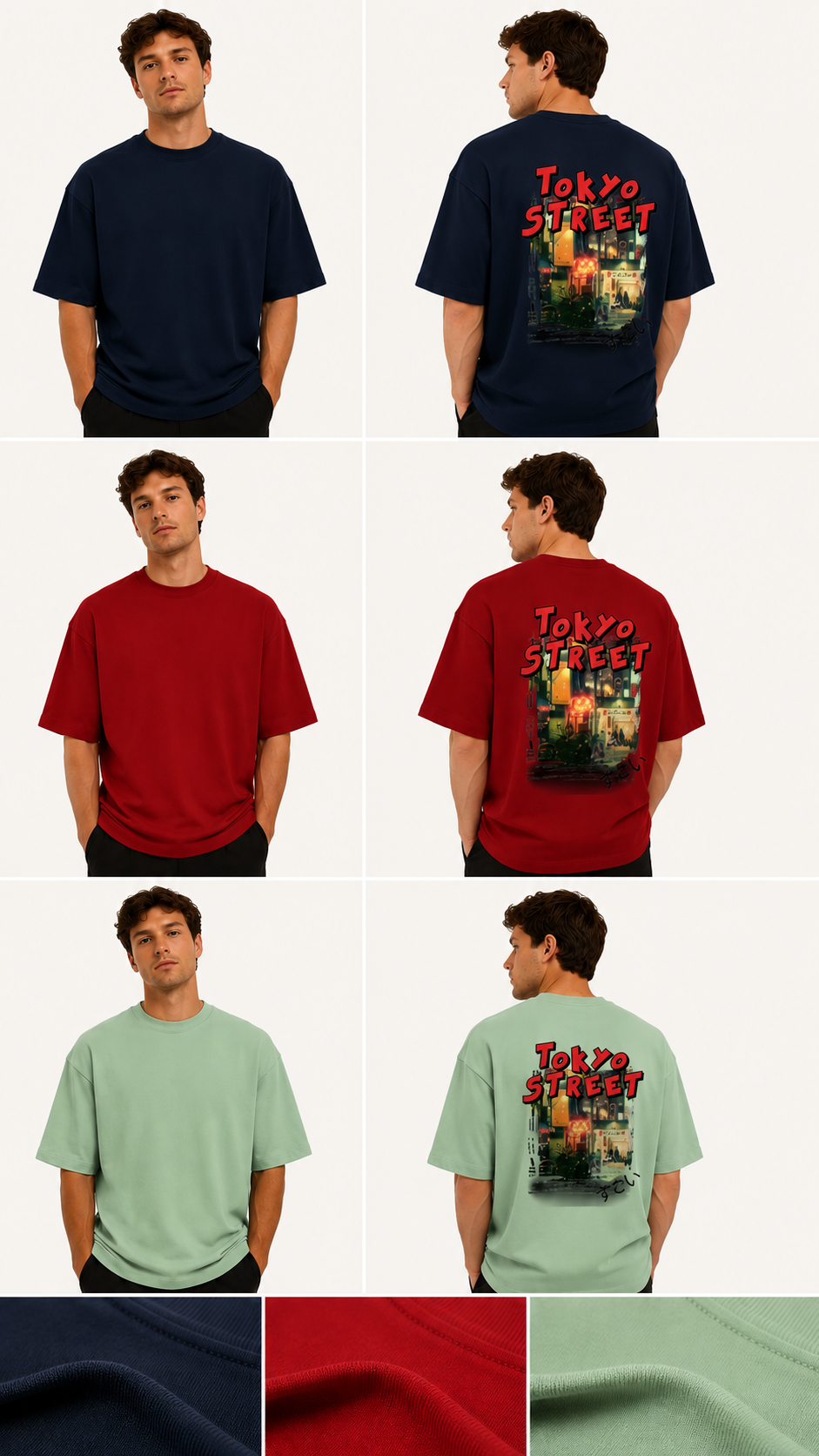 Four people wearing t-shirts with 'Tokyo Street' graphic design on a white background