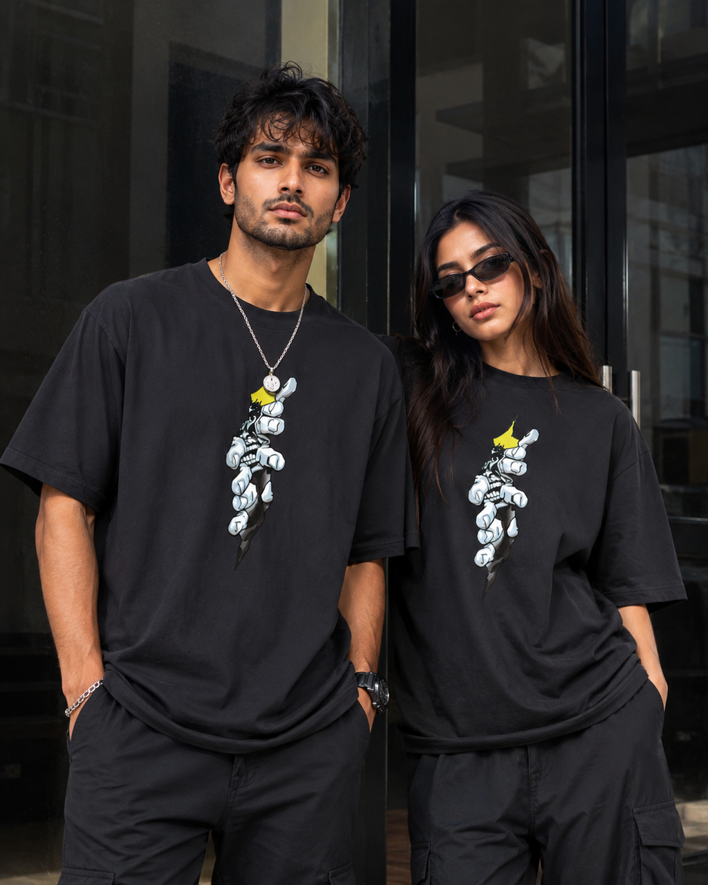 A man and a woman wearing matching black oversized t-shirts with a white cartoon bunny graphic and a yellow bow on the chest, standing in front of a dark glass building.