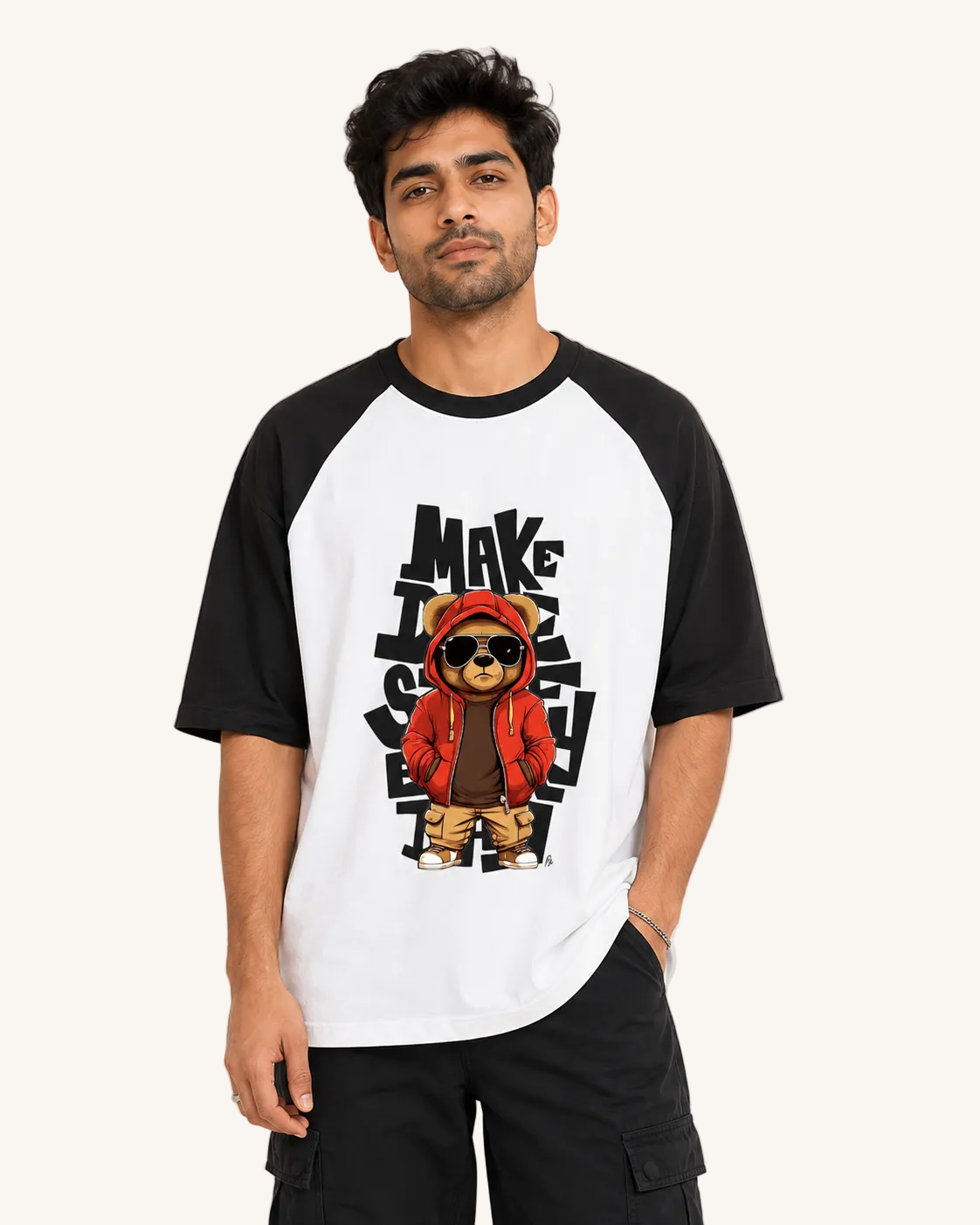 Man wearing a black and white baseball shirt with a bear graphic and text design.