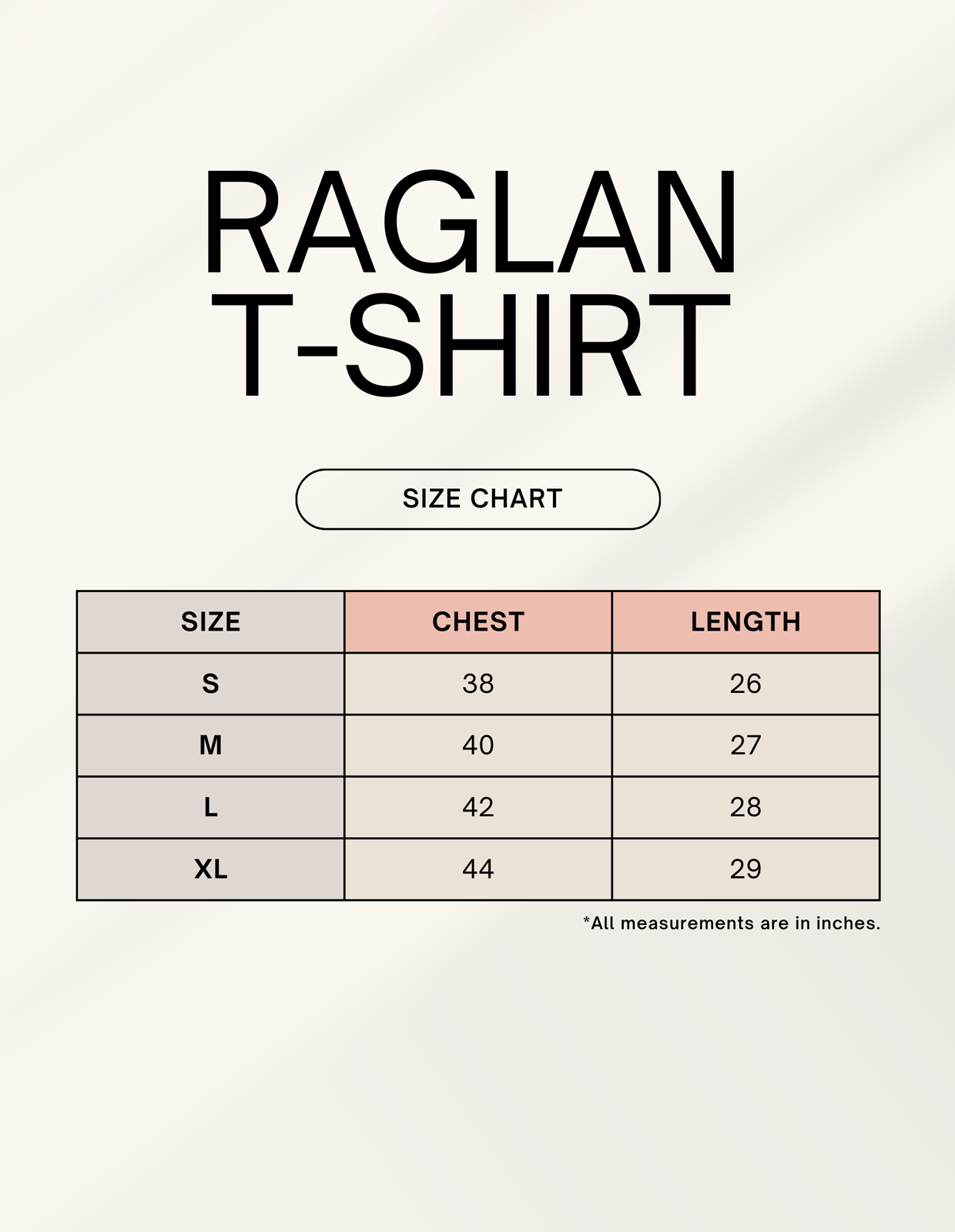 Size chart for Raglan T-Shirts with chest and length measurements.