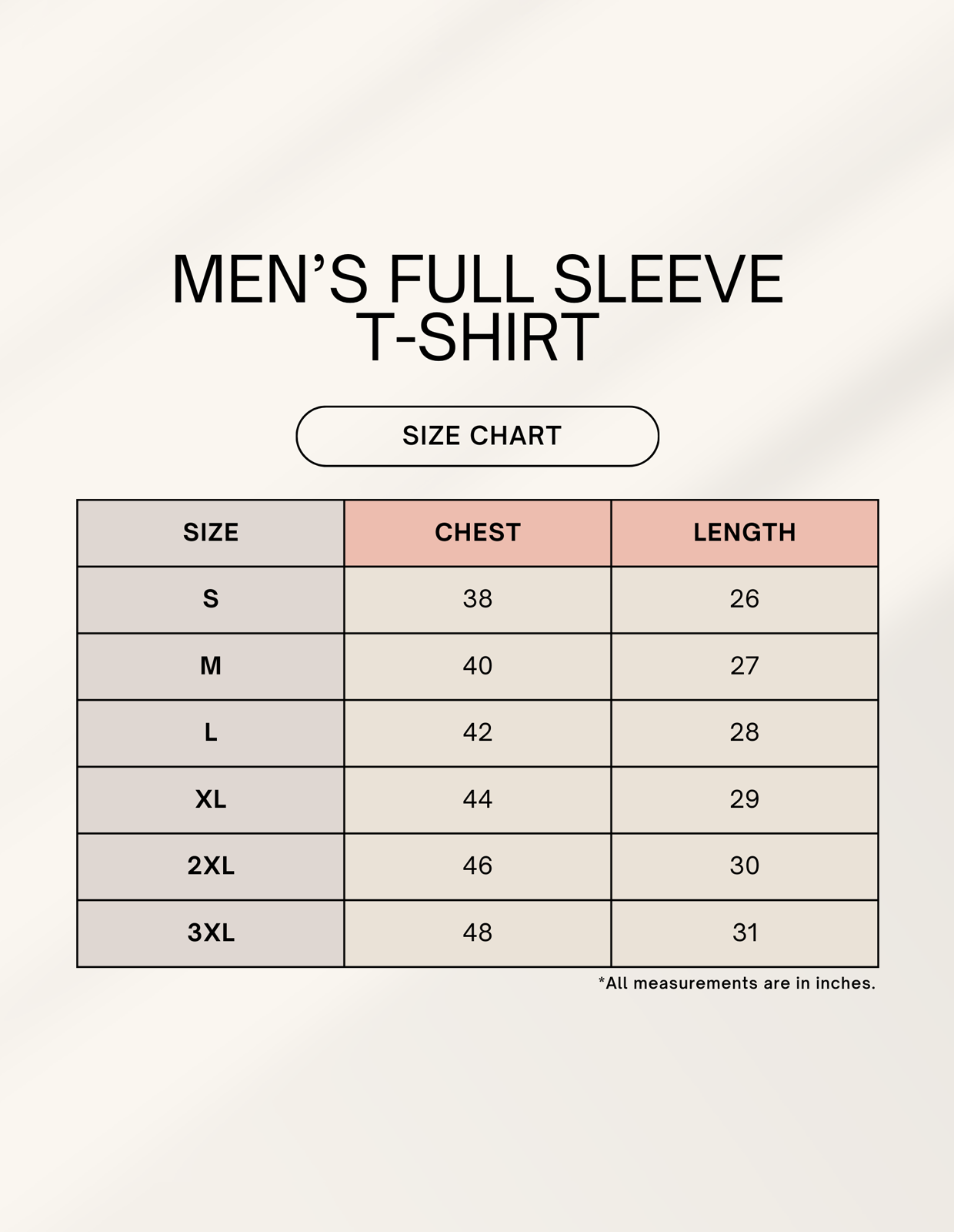 Men's full sleeve t-shirt size chart on a white background