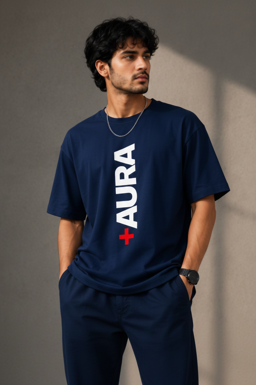 A man wearing a navy blue short-sleeve t-shirt with 'AURA' printed vertically in white on the front, paired with matching navy shorts, set against a dark gray background.