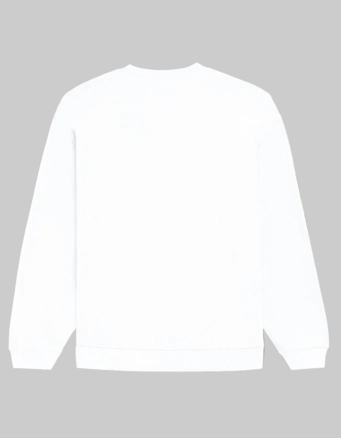 A plain white crewneck sweatshirt shown from the back, laid flat against a solid taupe background.