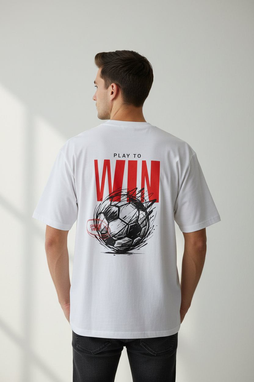 VibeVastr Play to Win oversized white graphic T-shirt back view featuring bold football artwork and motivational streetwear design