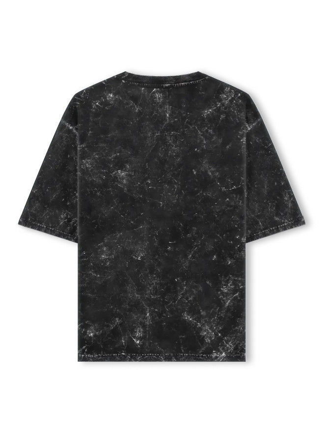 A black short-sleeve t-shirt with a white marble or distressed stone pattern, shown from the back on a solid white background.