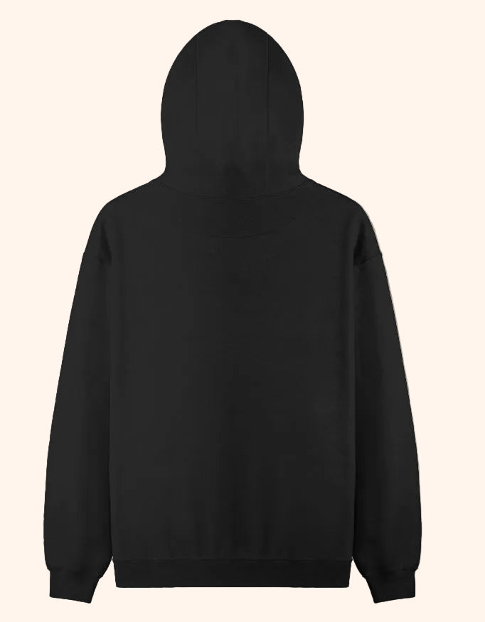 Navy blue hoodie with 'Go For It' and silhouette graphics on the back against a white background