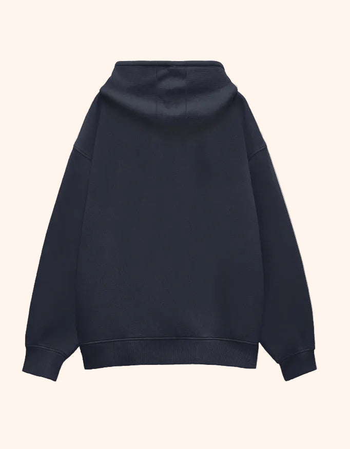 Navy blue hoodie on a light gray background