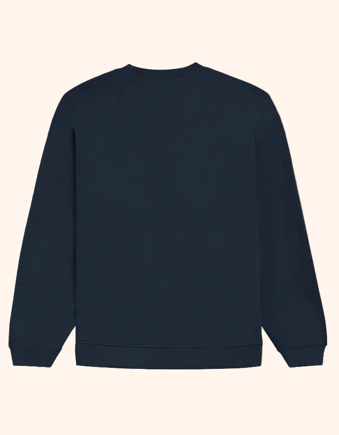 Navy blue sweatshirt on a gray background