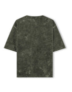 A dark olive green short-sleeve t-shirt with a distressed, mineral-washed texture, shown from the back on a plain white background.