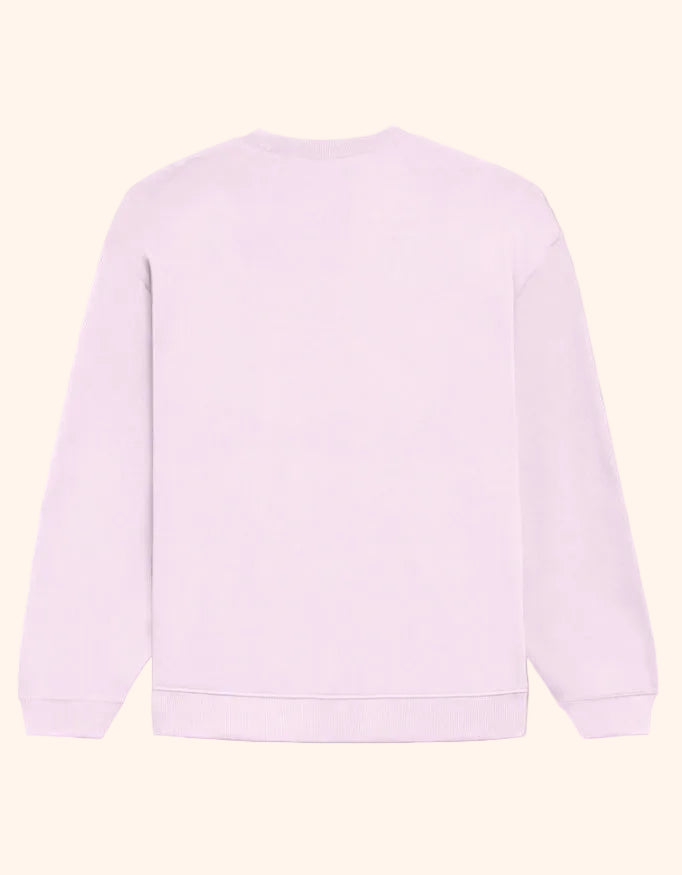 A light pink crewneck sweatshirt shown from the back, laid flat against a solid taupe background.