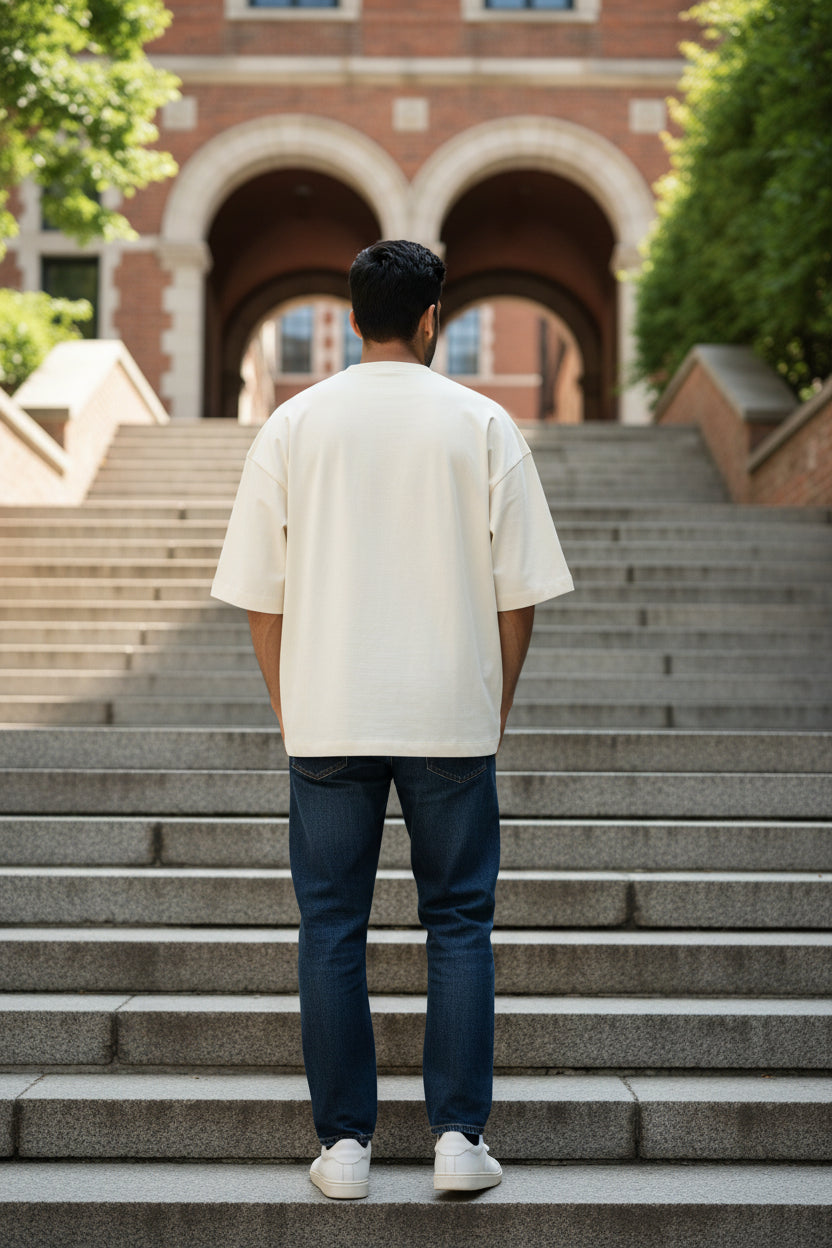 A plain cream-colored short-sleeve t-shirt shown from the back, laid flat against a matching off-white background.