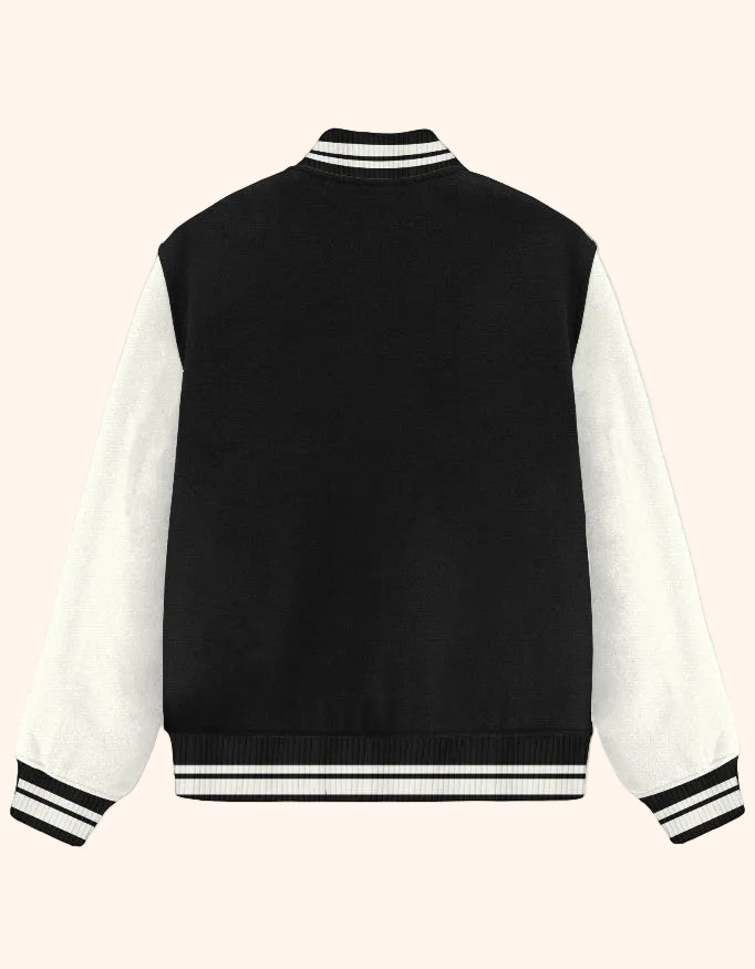 Black and white varsity jacket on a white background