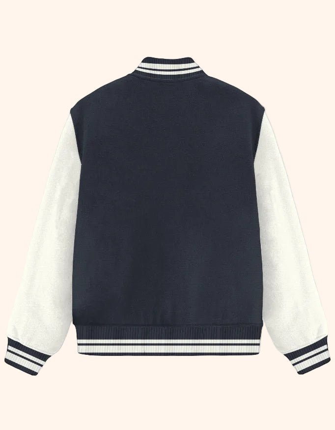 Navy and white varsity jacket on a light gray background
