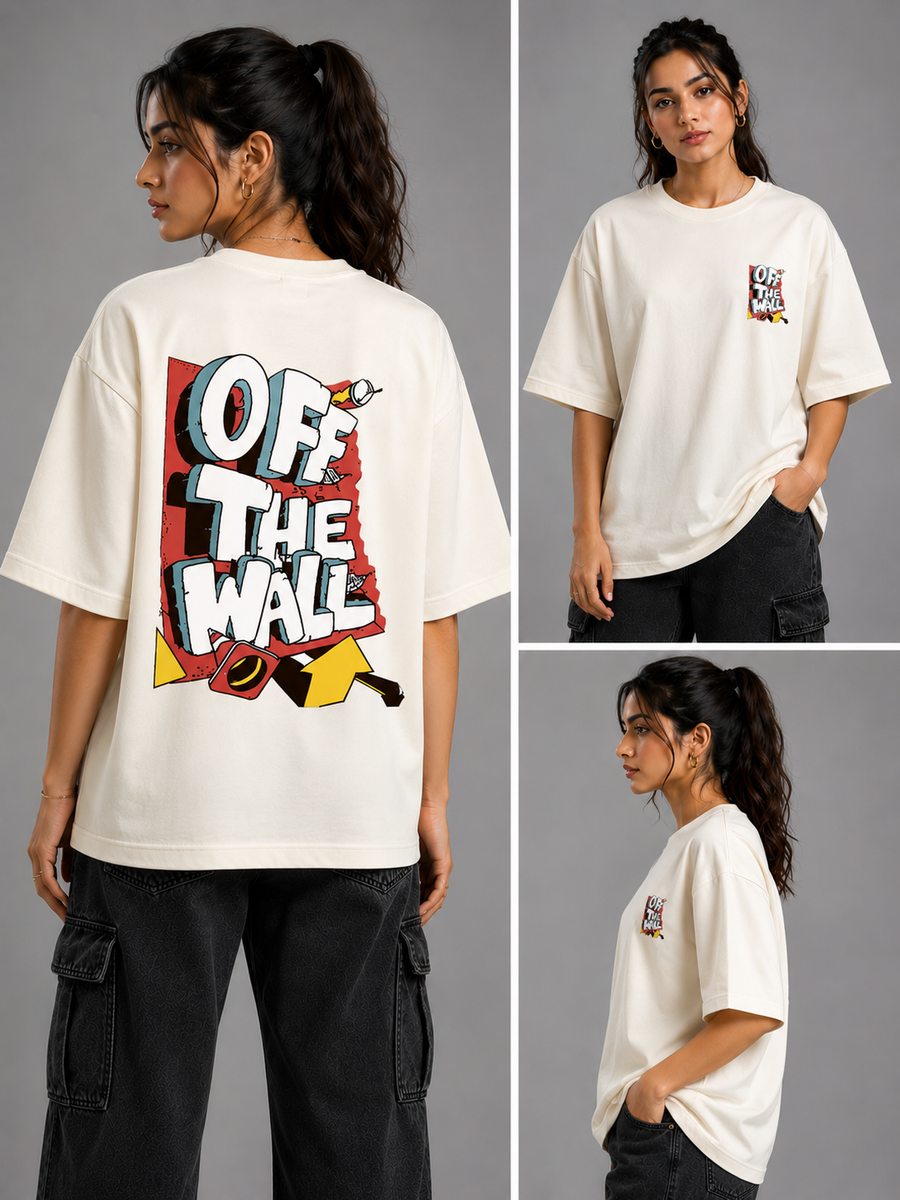 Off The Wall Oversized T-Shirt for Men And Women | Premium Terry Cotton Graphic Tee | Off White | VibeVastr