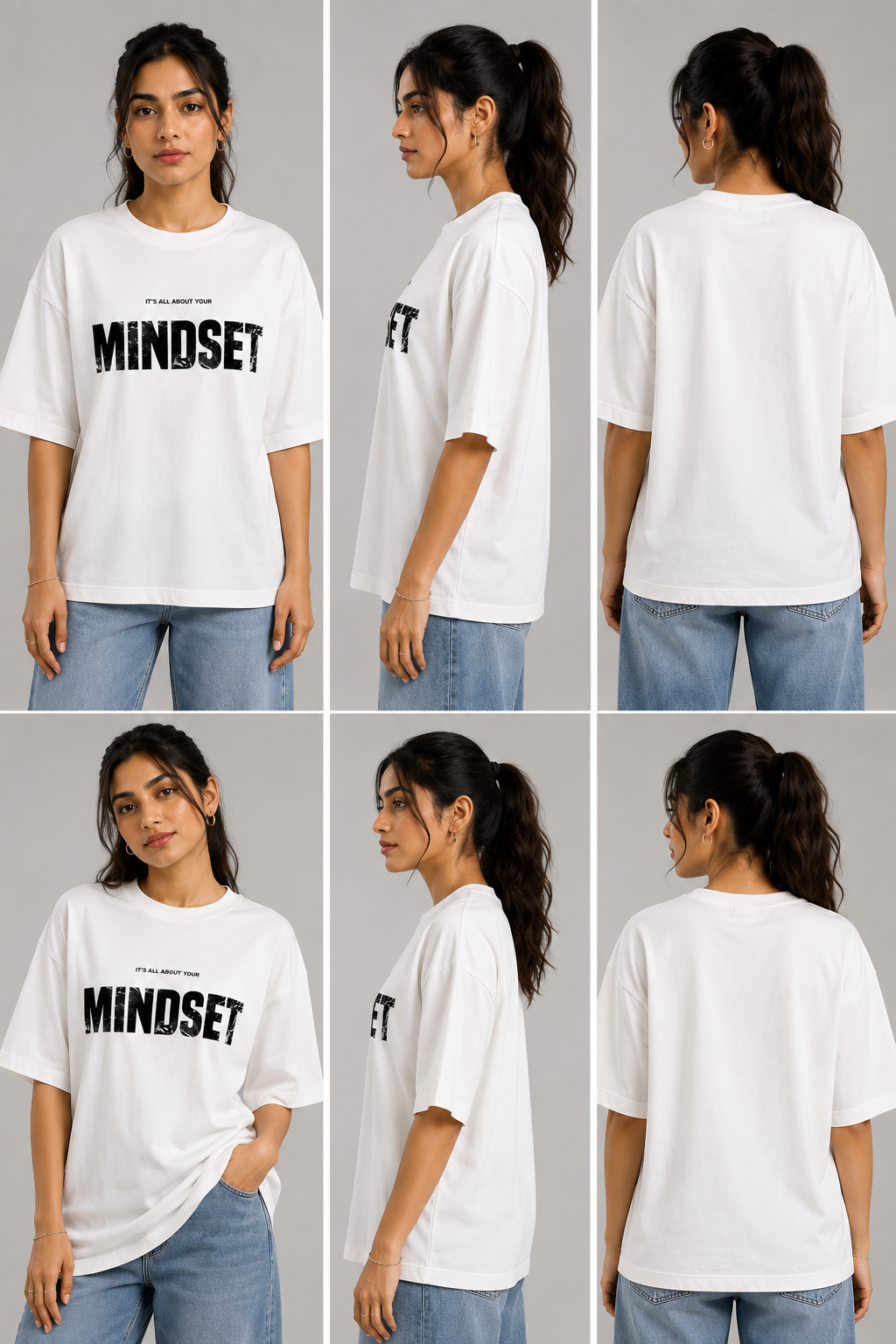 A six-panel collage showing a woman modeling a white oversized T-shirt from the front, side, and back. The shirt has black text reading 'MINDSET' across the chest, with smaller text above it.
