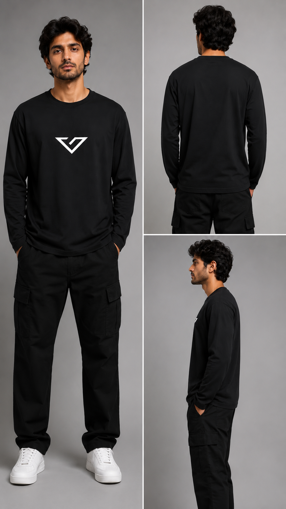 A man modeling a black long-sleeve crewneck sweatshirt and matching black cargo pants in a three-panel studio photo. The left panel shows him facing forward with white sneakers, the top-right shows the back view, and the bottom-right shows a side profile view.