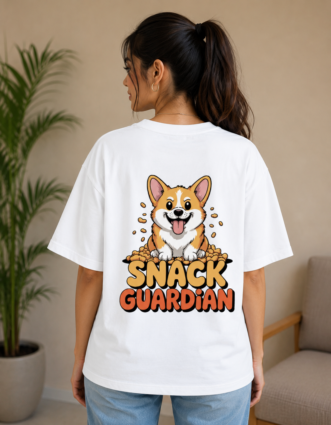  white oversized 260 GSM Terry T-shirt featuring a cute Corgi with a "Snack Guardian" graphic print, premium unisex streetwear by VibeVastr.