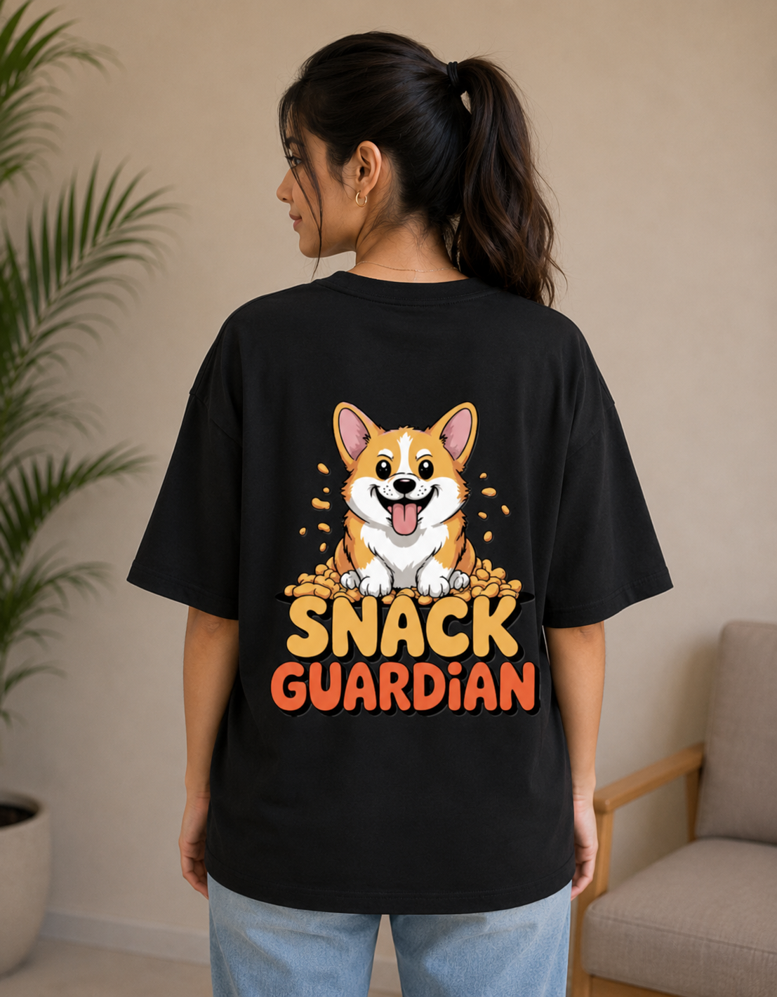 black oversized 260 GSM Terry T-shirt featuring a cute Corgi with a "Snack Guardian" graphic print, premium unisex streetwear by VibeVastr.