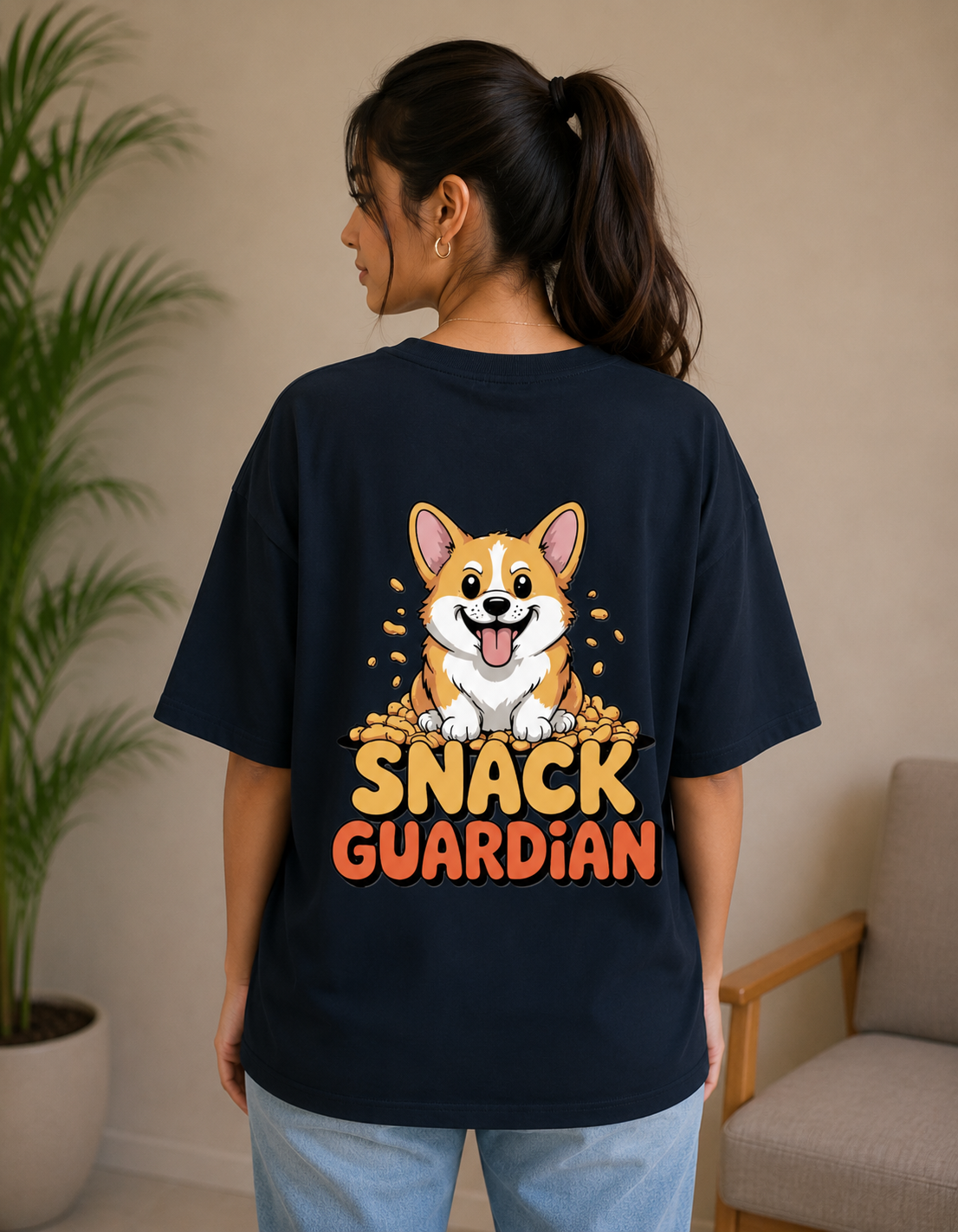 Navy Blue oversized 260 GSM Terry T-shirt featuring a cute Corgi with a "Snack Guardian" graphic print, premium unisex streetwear by VibeVastr.