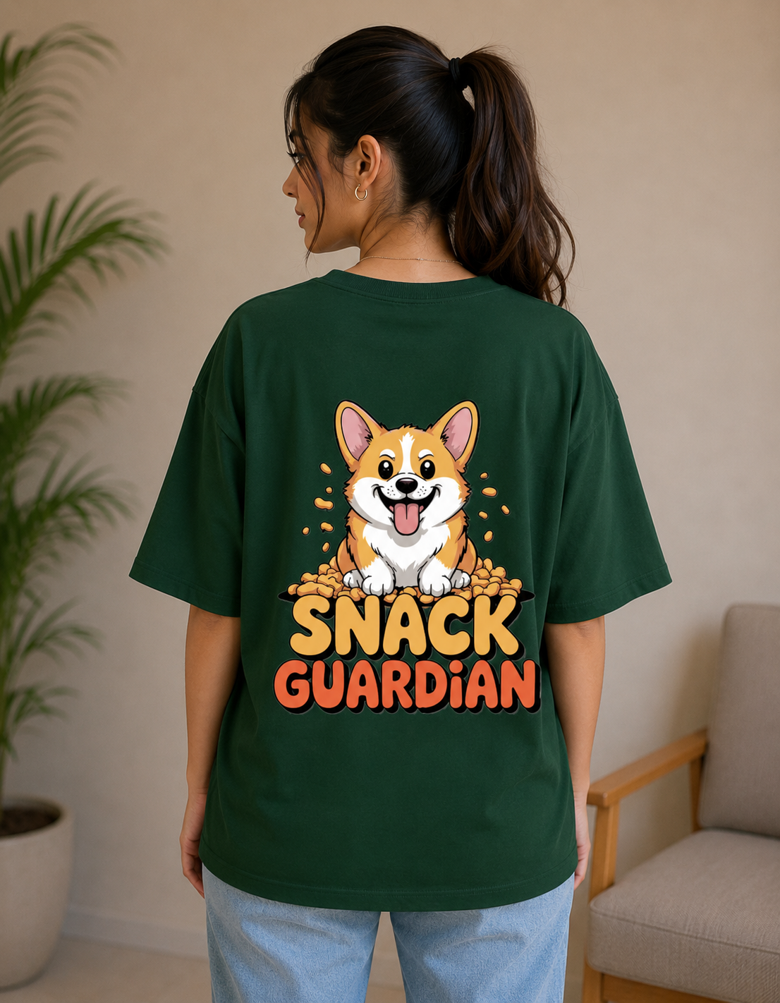 Green oversized 260 GSM Terry T-shirt featuring a cute Corgi with a "Snack Guardian" graphic print, premium unisex streetwear by VibeVastr.