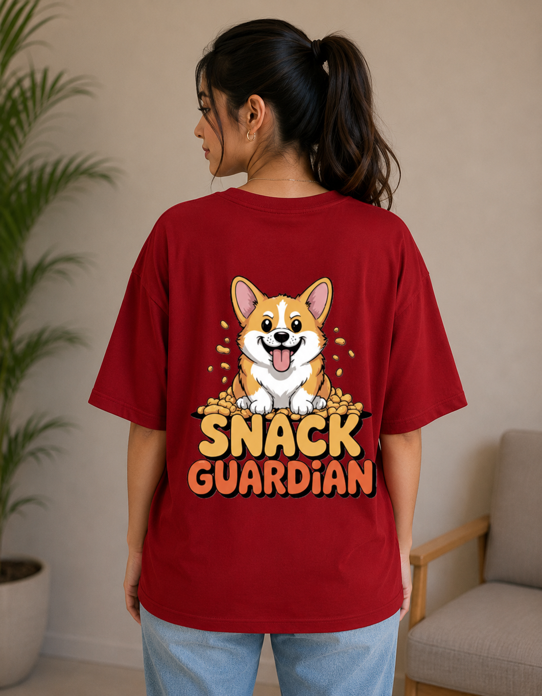 Red oversized 260 GSM Terry T-shirt featuring a cute Corgi with a "Snack Guardian" graphic print, premium unisex streetwear by VibeVastr.