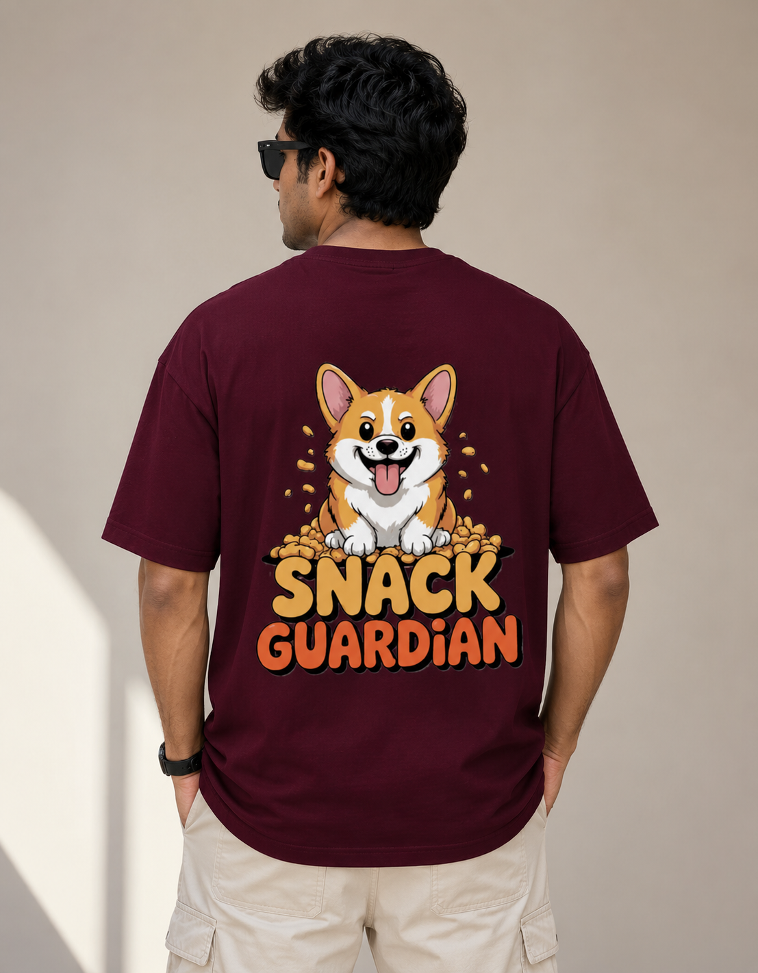 Maroon oversized 260 GSM Terry T-shirt featuring a cute Corgi with a "Snack Guardian" graphic print, premium unisex streetwear by VibeVastr.