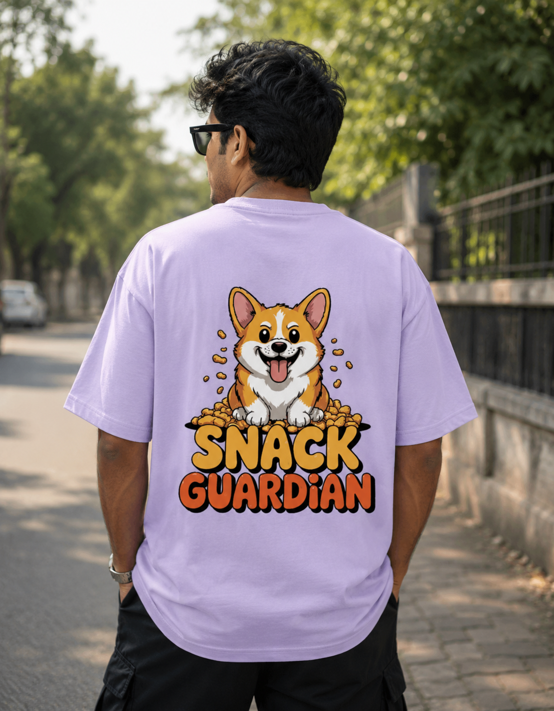 Lavender oversized 260 GSM Terry T-shirt featuring a cute Corgi with a "Snack Guardian" graphic print, premium unisex streetwear by VibeVastr.