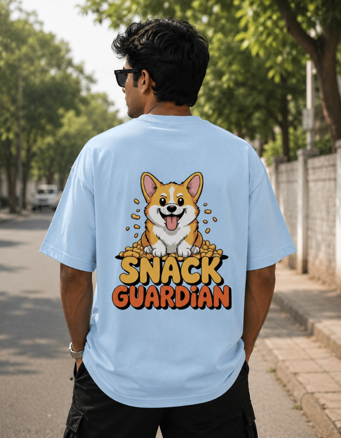 Baby blue oversized 260 GSM Terry T-shirt featuring a cute Corgi with a "Snack Guardian" graphic print is premium unisex streetwear by VibeVastr.