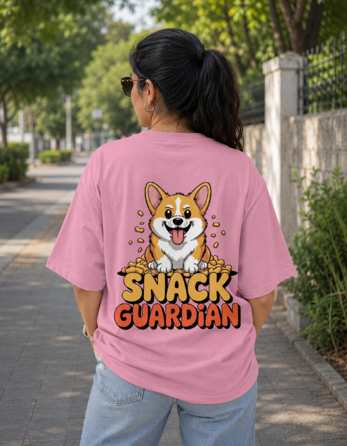  Pink oversized 260 GSM Terry T-shirt featuring a cute Corgi with a "Snack Guardian" graphic print, premium unisex streetwear by VibeVastr.