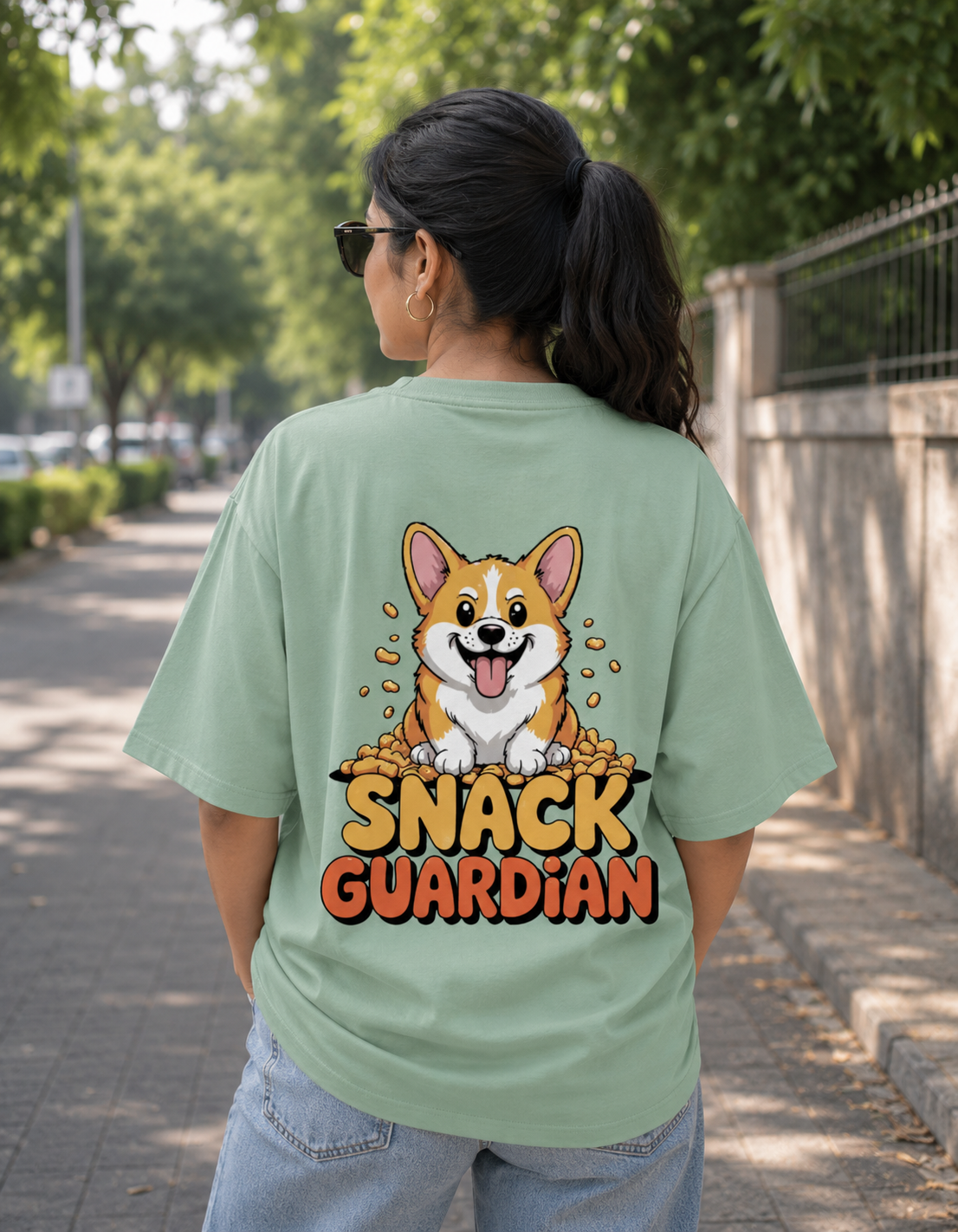 Jade oversized 260 GSM Terry T-shirt featuring a cute Corgi with a "Snack Guardian" graphic print, premium unisex streetwear by VibeVastr.