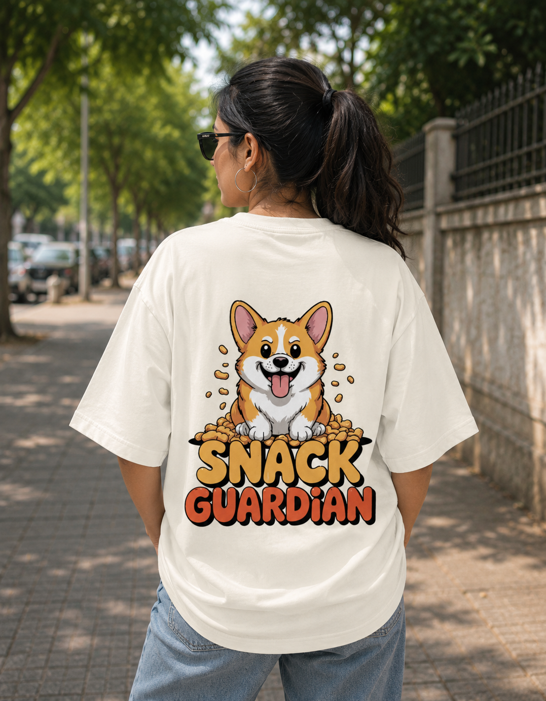 Off white oversized 260 GSM Terry T-shirt featuring a cute Corgi with a "Snack Guardian" graphic print, premium unisex streetwear by VibeVastr.