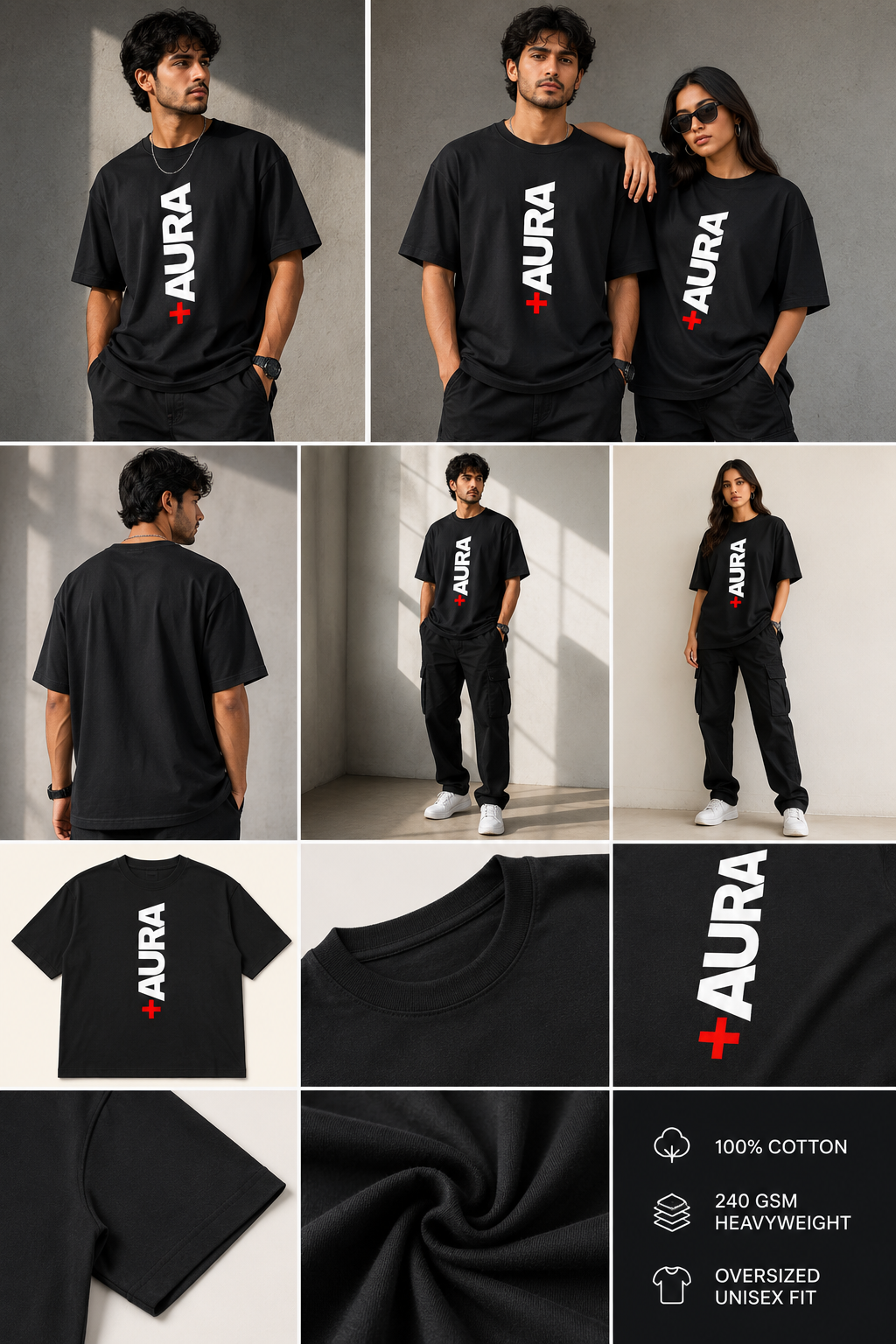 AURA Oversized Black T-Shirt – Premium 240 GSM Cotton | Unisex