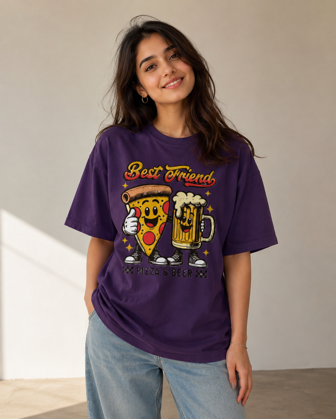 Best Friend Pizza & Beer Graphic Oversized T-Shirt for Men & Women | 240 GSM Premium Cotton | VibeVastr