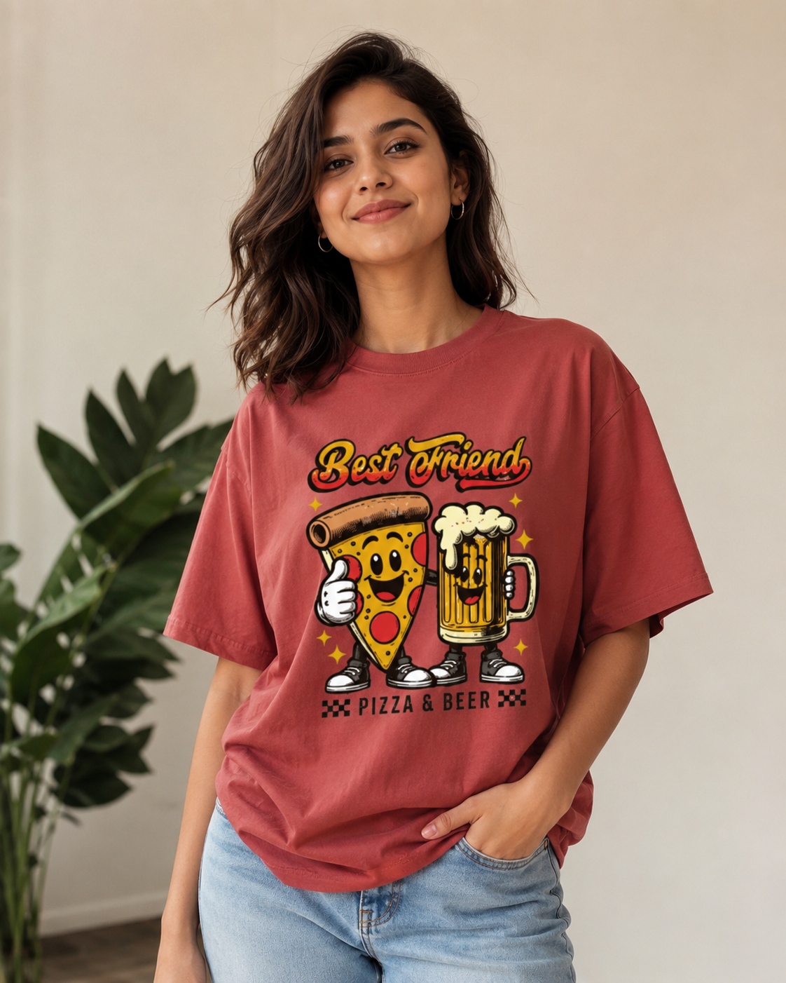 Best Friend Pizza & Beer Graphic Oversized T-Shirt for Men & Women | 240 GSM Premium Cotton | VibeVastr