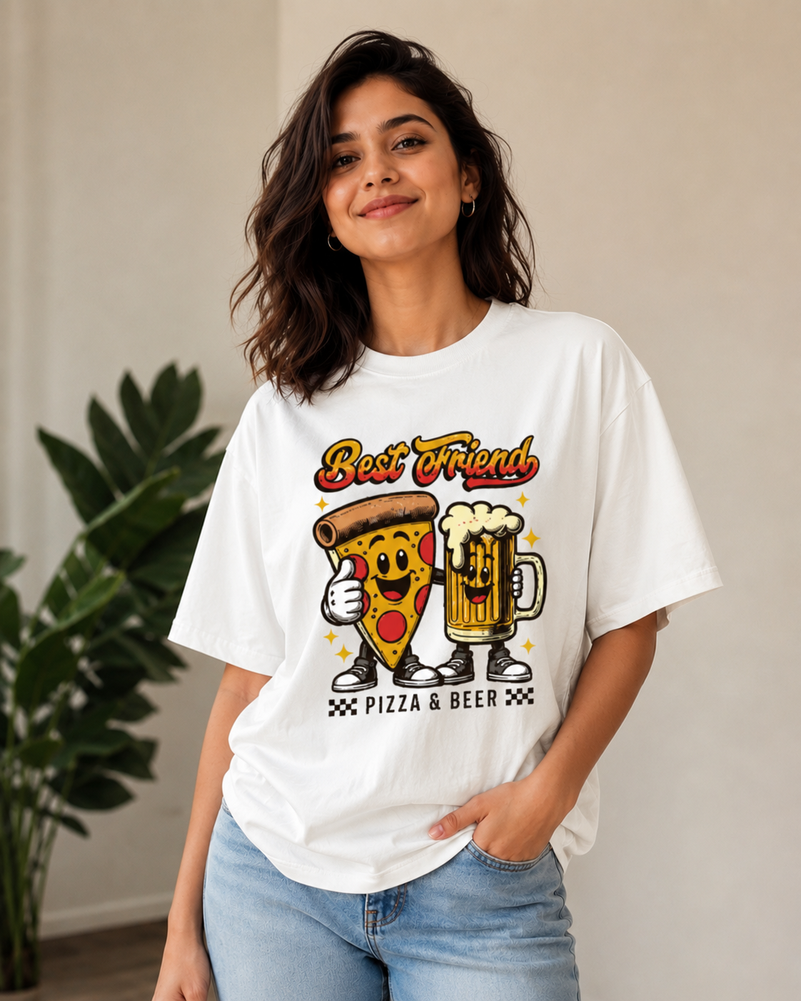 Best Friend Pizza & Beer Graphic Oversized T-Shirt for Men & Women | 240 GSM Premium Cotton | VibeVastr