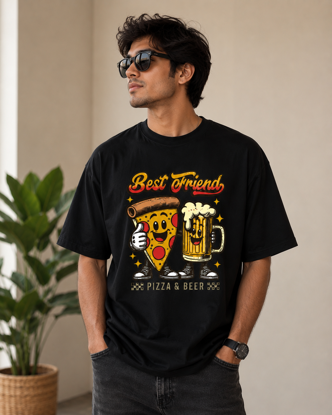 Best Friend Pizza & Beer Graphic Oversized T-Shirt for Men & Women | 240 GSM Premium Cotton | VibeVastr