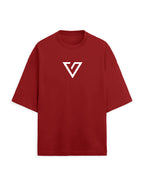 A red short-sleeve t-shirt with a white geometric triangular 'V' logo printed on the center chest, displayed against a solid white background.