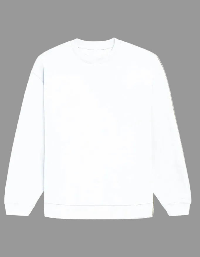 A plain white crewneck sweatshirt shown flat against a solid taupe background.