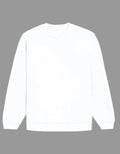 A plain white crewneck sweatshirt shown flat against a solid taupe background.