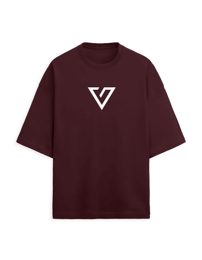 A dark burgundy short-sleeve t-shirt with a white geometric triangular 'V' logo printed on the center chest, displayed against a solid white background.